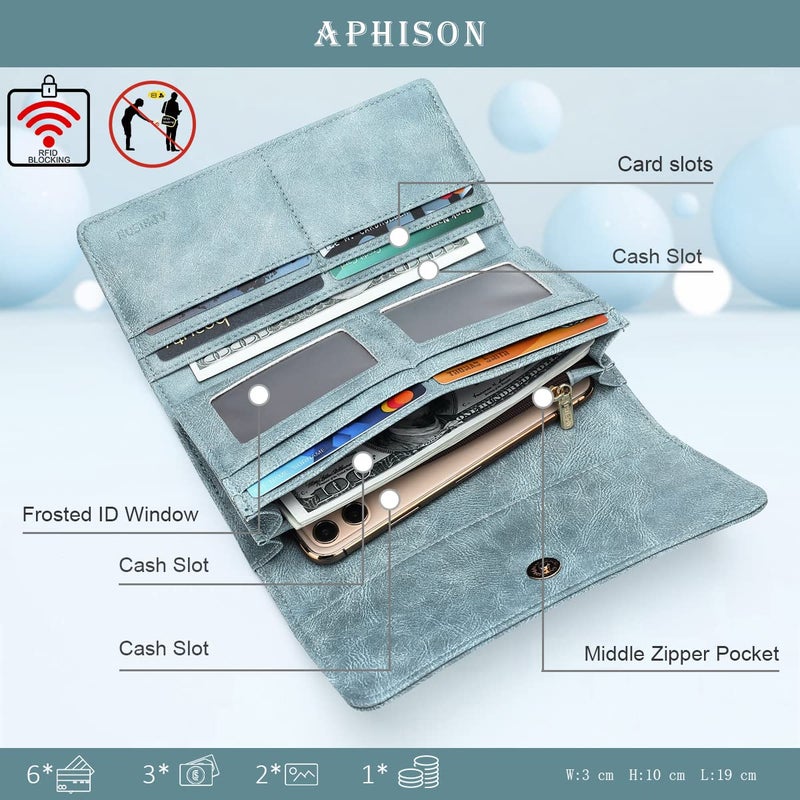 APHISON محفظة طويلة ثلاثية الطي من جلد ناعم للسيدات مع حماية RFID من APHISON، حافظة بطاقات ائتمان للنساء مع صندوق هدايا 2214blue - Image 4